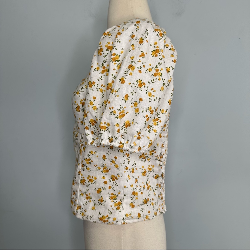 Reformation Andra White Yellow Floral Puff Sleeves Smocked Top Size 6 - Picture 6 of 13